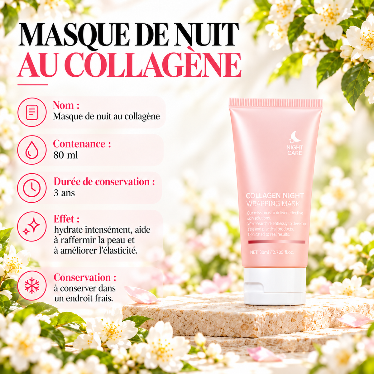 Masque de nuit au collagène Nuriome — contenance 80 ml, conservation 3 ans