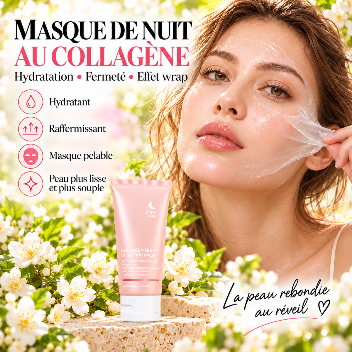Masque de nuit au collagène Nuriome — tube 80 ml, effet peel-off, jardin de jasmin